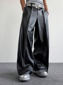 PAVTROS 男士黑色PU皮裤，宽松，朋友风，街头风，男士运动裤，休闲直筒时尚长裤，男士黑色阔腿裤，男士黑色宽松裤，男士皮裤，正装裤 - 黑色 - 查看 5