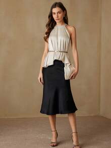 Aveloria EMERY ROSE Satin Textured Fabric, Waist Belt Decor, Elegant & Fashionable High-End Sleeveless Blouse For Women - Apricot - View 5