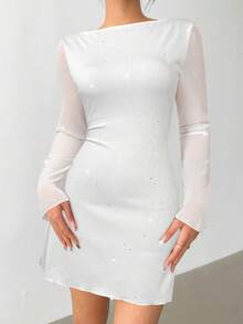 Aloruh Elegant Bow Tie Backless Sexy Glitter Fabric Fitted Mini Dress,White Dresses For Women - White - View 6