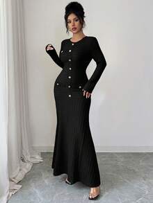 Modelyn Đầm dài màu đỏ tía thanh lịch với cổ áo oval dành cho nữ, thích hợp cho mùa đông. - màu đen - Xem 7