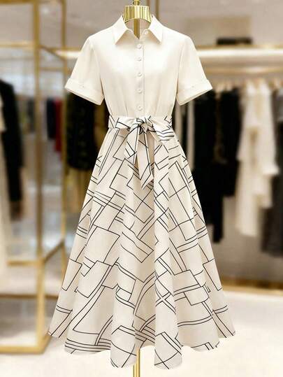 GlowEve CURVE Plus Size Geometric Print Patchwork Polo Collar Dress