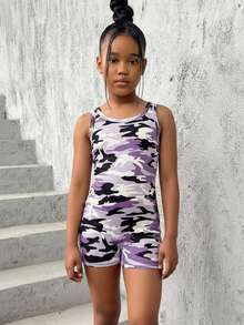 SHEIN Bộ áo liền quần dệt kim ôm sát cổ chữ U họa tiết rằn ri, phong cách đường phố thường ngày, thời trang dành cho bé gái tuổi teen. - Màu tím - Xem 1