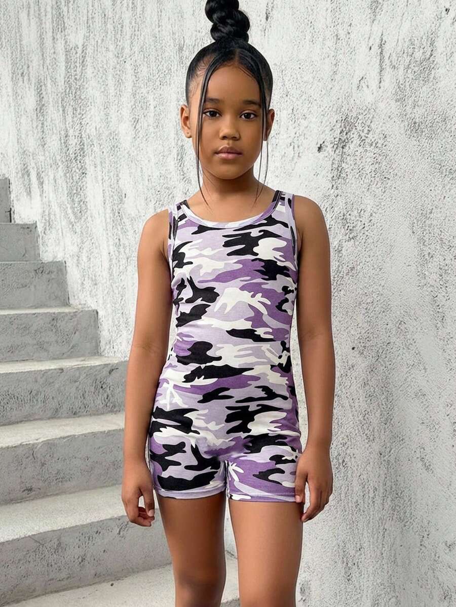 SHEIN Bộ áo liền quần dệt kim ôm sát cổ chữ U họa tiết rằn ri, phong cách đường phố thường ngày, thời trang dành cho bé gái tuổi teen. - Màu tím - Xem 1