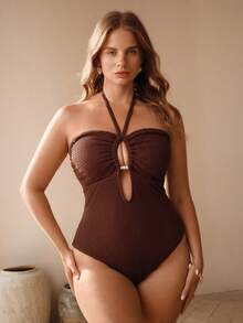 Swim Chiccia Plus Size Women's Solid Color One-Piece Halter Neck Tie Front Hollow Out Sexy Slimming Swimsuit - Brown - View 2