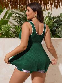 Swim Lushoire Plus Size Women's Summer Beach Vacation Drawstring Ruched Trim Tropical Print Tankini Swimwear - Green - View 2