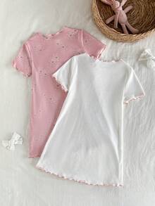 Cozy Pixies 2件套幼儿/女婴可爱兔子印花柔软针织圆领短袖连衣裙和睡衣套装，适合居家、度假、复活节、叠穿、多种场合 - 彩色 - 查看 7