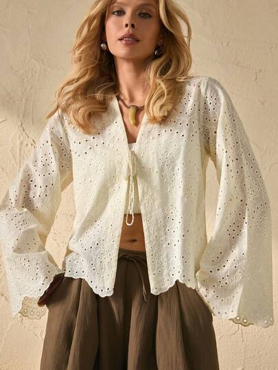 Bóhologie Women's Romantic Eyelet Embroidery Lace V-Neck Blouse With Scalloped Hem And Breezy Short Bell Sleeves, High Quality Fabric