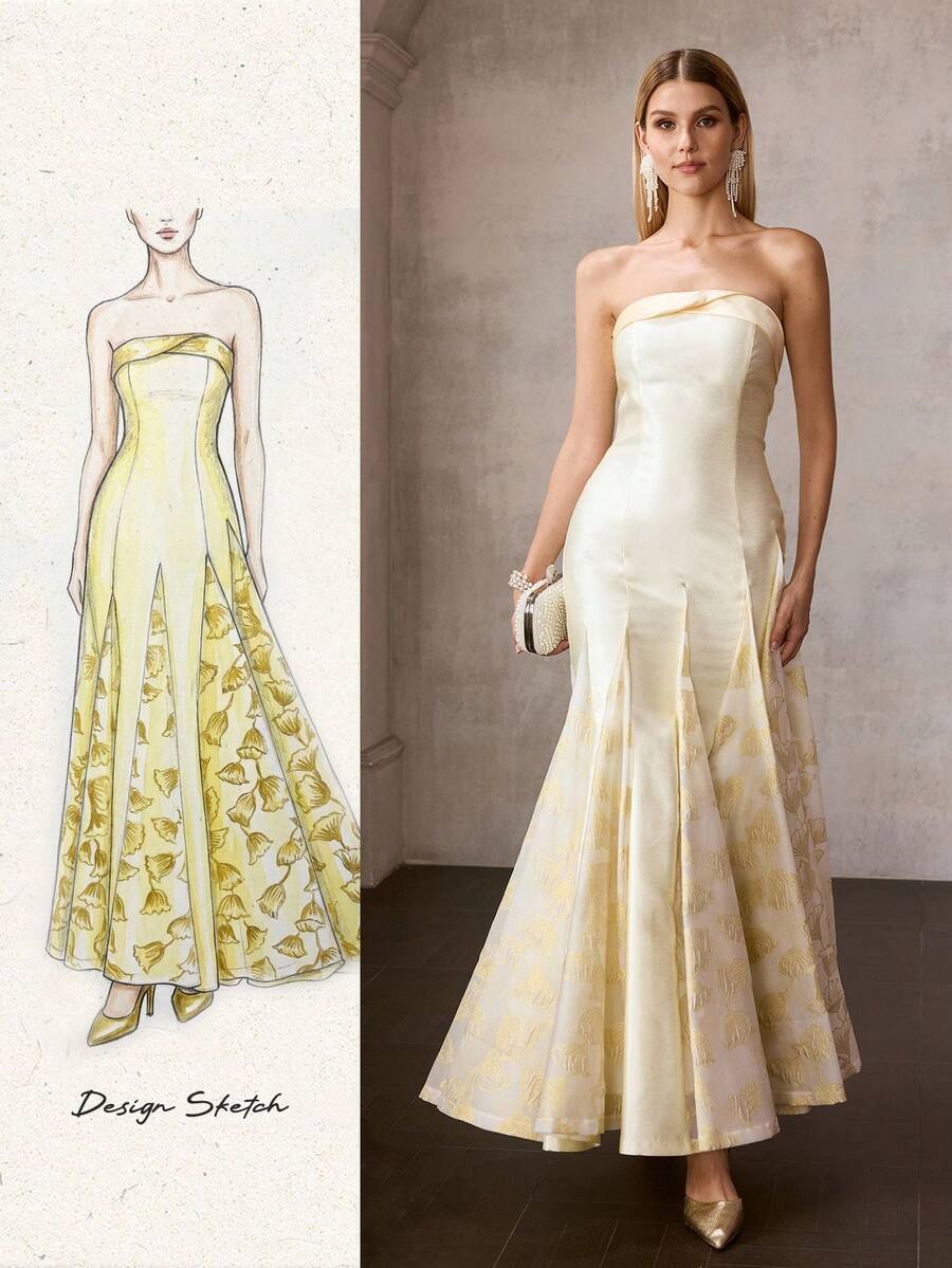 MOTF Soiréza Đầm dự tiệc không dây vai bằng vải jacquard phối nhiều mảnh dành cho nữ, mùa xuân/hè.