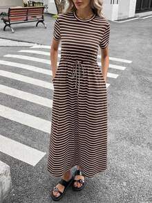 SHEIN Essnce 大码女式休闲连衣裙，短袖连衣裙，条纹连衣裙，女士夏季服装，毕业礼服，外出服装 - 棕色 - 查看 6