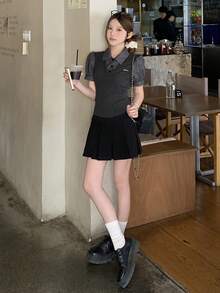 DAZY 女士撞色格纹 Polo 领休闲 T 恤，春夏款 - 黑色 - 查看 6