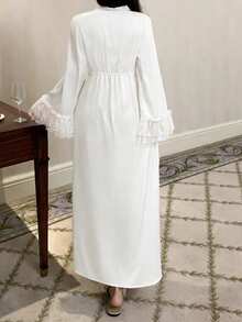 DAZY Women's Long Sleeve White Lace Patchwork Long Robe Sleepwear Cardigan, Spring - White - View 2