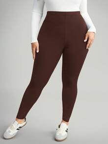 Comfylo Legging Wanita Ukuran Besar Kasual Polos Pinggang Tinggi - Coffee Brown - View 6