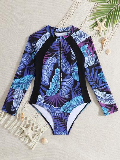 SHEIN Random Print Girls' One-Piece Swimsuit, Summer New Arrival. Black Solid Color Patchwork Vacation Style With Black, White And Palm Tree Pattern Fabric, Curve-Hugging Design To Highlight The Figure, Unique Style. Black And White Minimalist Urban Style, Suitable For Girls' Vacation, Beach, Swimming, Water Park Wear. Long Sleeve With Zipper Design, Easy To Put On And Off, Better Skin Protection. Suitable For Surfing