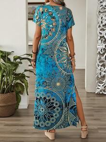 Faunlyn 女士復古花卉印花V領蝙蝠袖休閒夏季長裙，長款女裝 - 彩色 - 查看 2