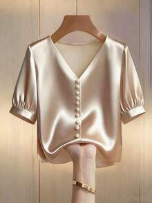 INAWLY Loose Casual Elegant Office V-Neck Beaded Short Sleeve Shirt - Apricot - View 3
