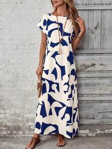 EMERY ROSE Women's Casual Vacation Colorblock Round Neck Short Sleeve Dress ,Summer Women Long Maxi - Navy Blue - View 6