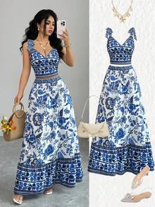 Elenzga New Shirred Woven Printed Shoulder Tie Back Fitted Top With A-Line Skirt, Young & Elegant Matching Set With Placement Print, Vacation Style For Women - Multicolor - View 1