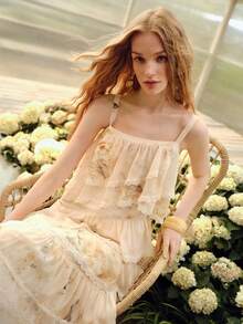 MOTF PREMIUM WOMEN'S FLORAL PRINT RUFFLED LAYERED ROMANTIC SPAGHETTI STRAP DRESS, SPRING/SUMMER - Apricot - View 8