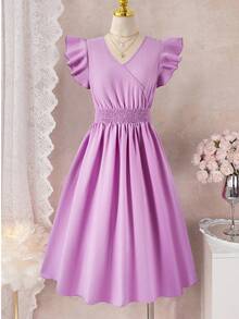 ChillGRL Teen Girl Purple Casual Vacation Beach Round Neck Cap Sleeve Textured A-Line Waist Dress, Spring/Summer - Purple - View 4
