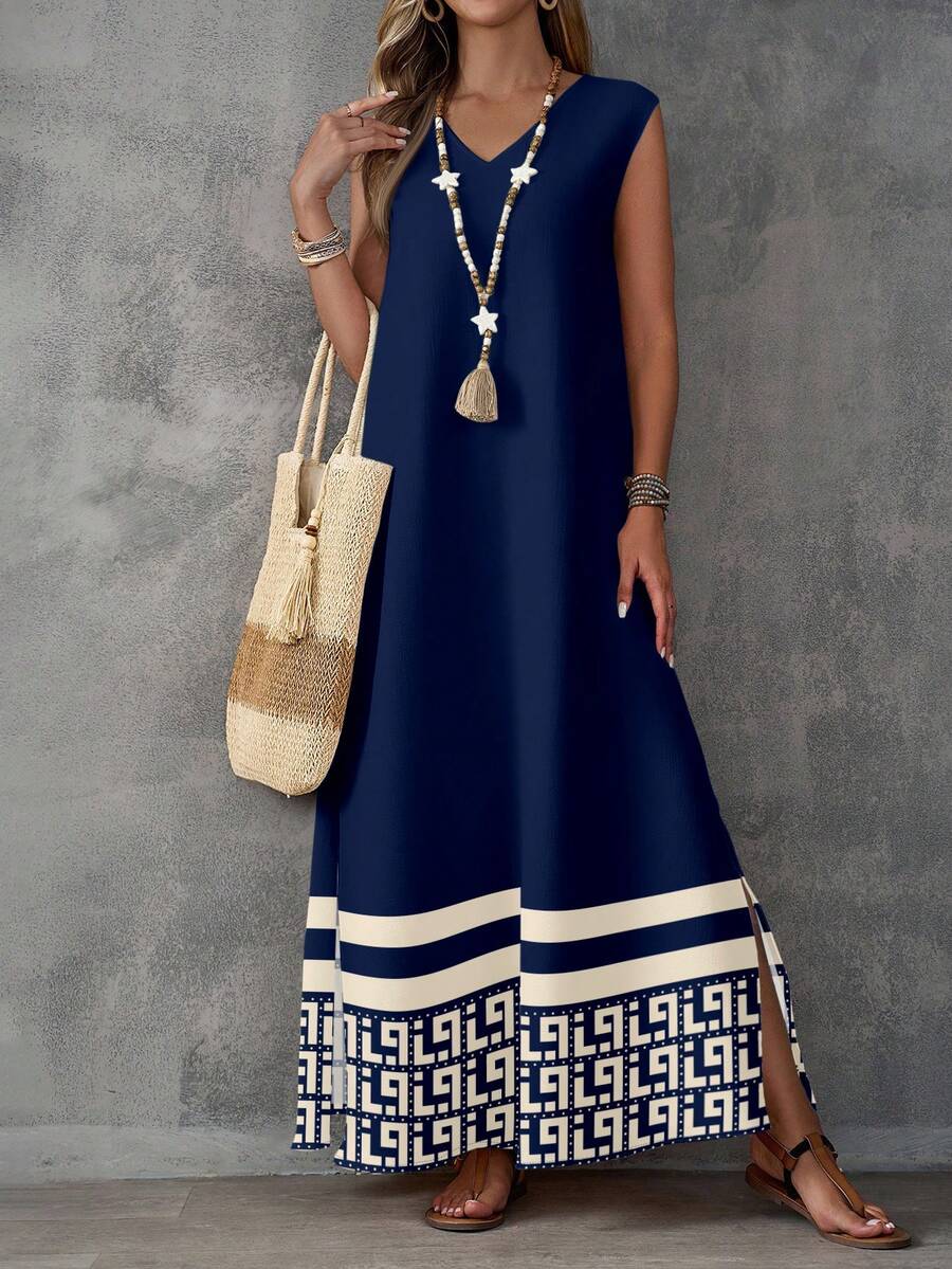 EMERY ROSE 几何印花开衩下摆连衣裙 - 彩色 - 查看 1