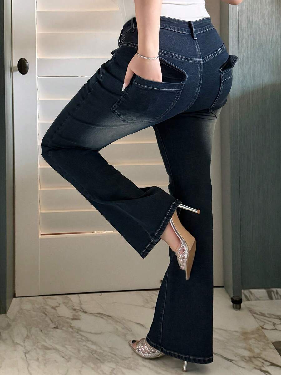 Dazy Plus Stretchy Skinny Sexy Distressed Flare Jeans, Versatile All-Season - Dark Wash - View 1