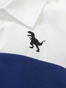 SHEIN 2pcs Tween Boy Dinosaur Print Patchwork Short Sleeve Shirt+Solid Pants Set,Blue And White,Summer,Casual,Matching,Business,Family Vacation,Holiday - Multicolor - View 6