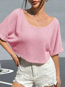 SHEIN EZwear 浅粉色不对称领口短袖T恤 - 淺粉色 - 查看 5