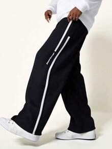 SHEIN Mirajuku 青少年男童休闲运动风字母拼接直筒裤 - 黑色 - 查看 1