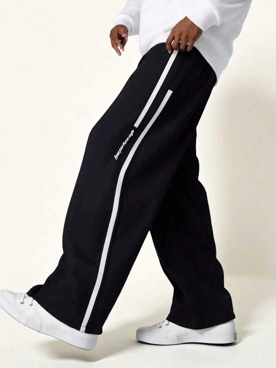 SHEIN Mirajuku 青少年男童休闲运动风字母拼接直筒裤 - 黑色 - 查看 1