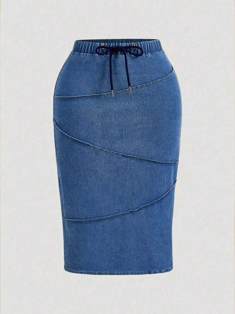 SHEIN MOD 大码蓝色抽绳牛仔裙 - 中等水洗藍 - 查看 1