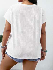 SHEIN LUNE Plus Size Women Summer Casual Commuting Simple Versatile Solid Color Textured Fabric Batwing Short Sleeve Top - White - View 2