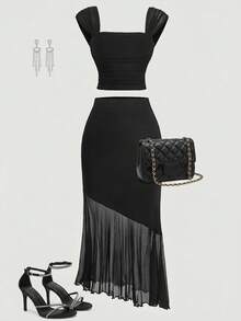 Girlism Teen Girl Ruched Waist Camisole & Skirt Elegant 2 Pieces Set - Black - View 7