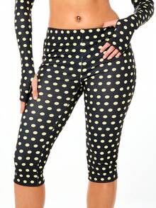 SUMWON WOMEN Polka Dot Capri Leggings Low Rise Mid Calf Length Black Yellow Stretch Comfortable Casual - Black - View 1