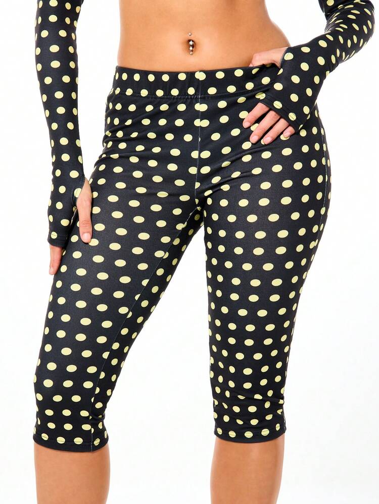 SUMWON Polka Dot Capri Leggings Low Rise Mid Calf Length Black Yellow Stretch Comfortable Casual