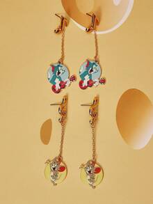 TOM & JERRY X SHEIN 潮流卡通动物元素锌合金印花耳环，可爱音符设计，奢华小众，精致优雅，休闲时尚，适合各种派对、音乐会、节日等场合。 - 金色 - 查看 6