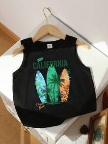 Bubblio Áo tank top phong cách thường ngày cổ điển dành cho bé trai, in hình ván lướt sóng nhiều màu sắc, in tên thành phố California, hình ngôi sao và hình bóng cây cọ, thích hợp cho mùa hè. - màu đen - Xem 2