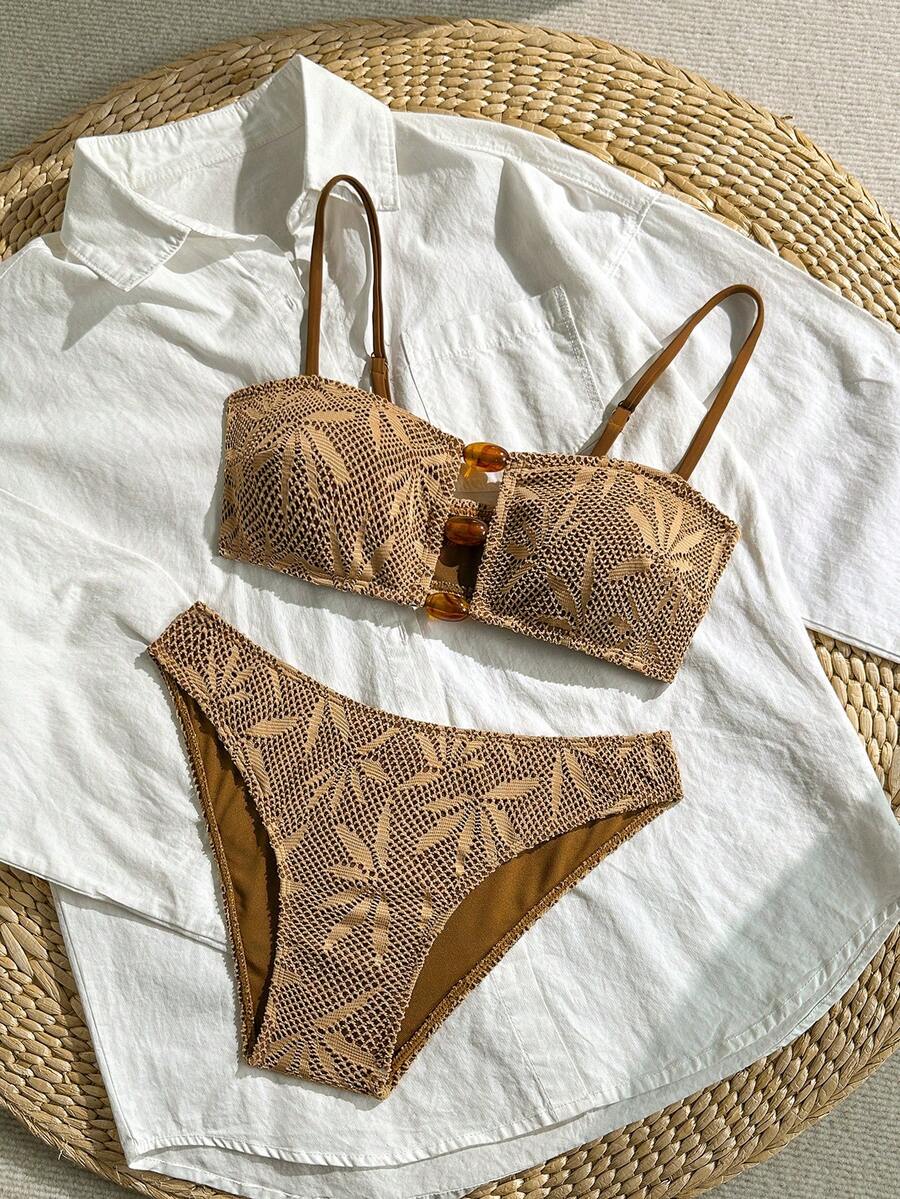 Swim Vcay Bộ đồ bơi cổ yếm họa tiết lá phong, vải đính cườm trang trí cho nữ, thích hợp đi biển và ngày lễ, mùa xuân/hè - Màu Khaki - Xem 1