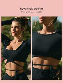 GLOWMODE 情人节360°高弹柔软面料，轻盈透气，抗皱系带露脐长袖上衣，日常休闲穿着 - 黑色 - 查看 2