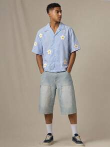 SWAVVY Camisa de manga corta con aplicación de cuadros para hombre, primavera/verano - Azul - Ver 3