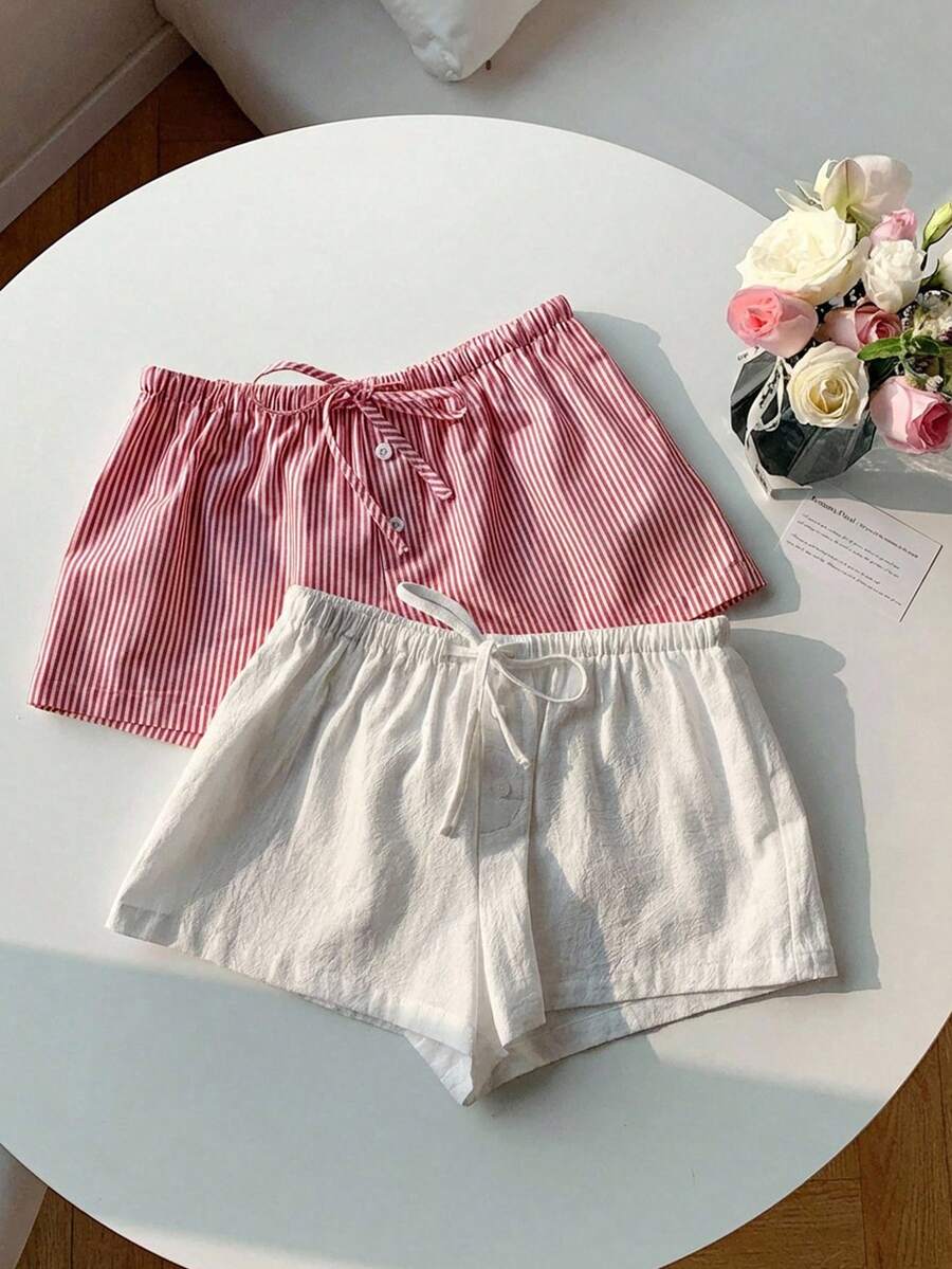 Comfortcana 2pcs Women's New Linen Striped Shorts - Red and White - View 1