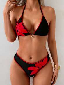 Swim Vcay 女士两件式比基尼泳衣，挂脖系带，花卉印花，时尚休闲度假泳装套装 - 彩色 - 查看 4