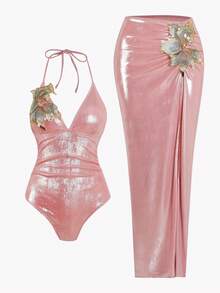 Swim Oasis Bộ 3 món bikini tam giác cao cấp mùa hè mới, chất liệu vải bóng, đính sequin và thêu hoa, có chức năng nâng ngực dành cho nữ. - Hồng - Xem 1