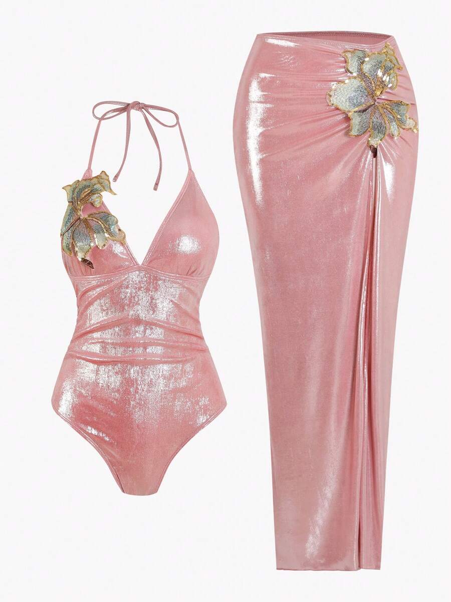 Swim Oasis Bộ 3 món bikini tam giác cao cấp mùa hè mới, chất liệu vải bóng, đính sequin và thêu hoa, có chức năng nâng ngực dành cho nữ. - Hồng - Xem 1