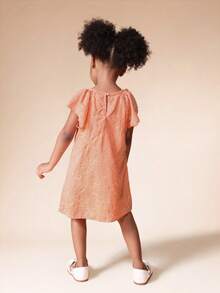 SUMWON Girls Coral Embroidered Floral Ruffle Sleeve Dress With Flutter Cap Sleeves Round Neckline Summer Spring Toddler For Casual And Vacation - Orange - View 2