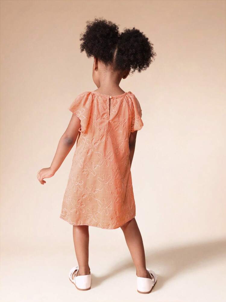 Coral Embroidered Floral Ruffle Sleeve Dress