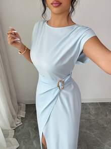 Elenzga Elegant Urban Chic New Women's Light Blue Metal Ring Buckle High Waist Asymmetric Pleated Slit Fitted Ankle-Length Dress, Suitable For Daily Wear, Weddings, Galas, Commuting, Graduation Parties, Holidays, Vacations, Dates, Parties, Halloween, Christmas, New Year, Thanksgiving, Weddings - Blue - View 7