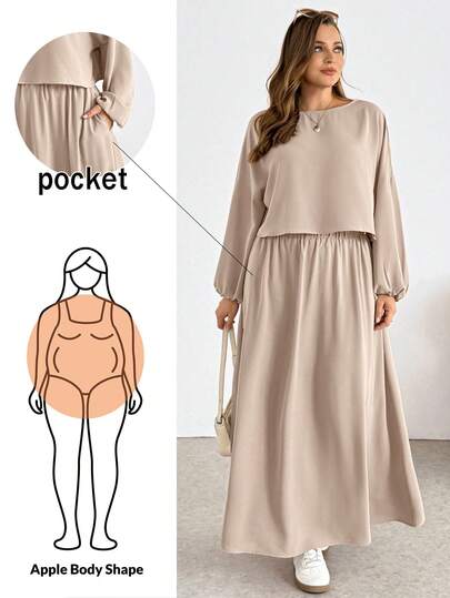 SHEIN Essnce Plus Size Women's Spring/Summer Fashion Casual Loose Comfortable Everyday Basic Versatile Slimming Long-Sleeved Crop Top And Pocket Long Skirt Apricot Two Pieces Set, Spring Outfit Women, Simple Style