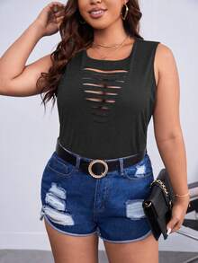 SHEIN Essnce Áo tank top cỡ lớn, màu trơn, khoét eo, gợi cảm, thích hợp cho mùa hè. - Màu xám đen - Xem 4