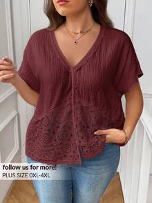 SHEIN Frenchy Camisa de talla grande de verano, de unicolor, con parches de encaje - Burdeos - Ver 1