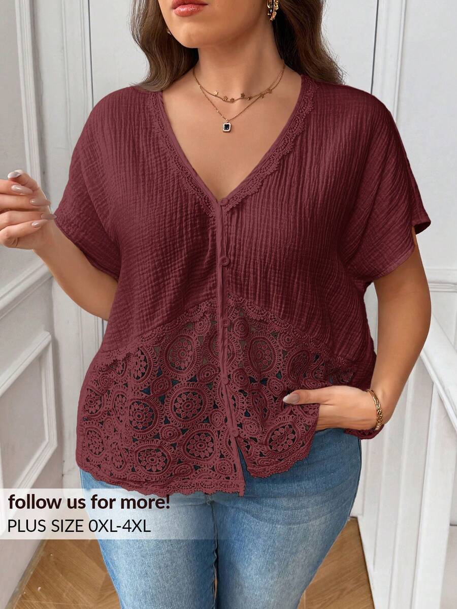 SHEIN Frenchy Camisa de talla grande de verano, de unicolor, con parches de encaje - Burdeos - Ver 1